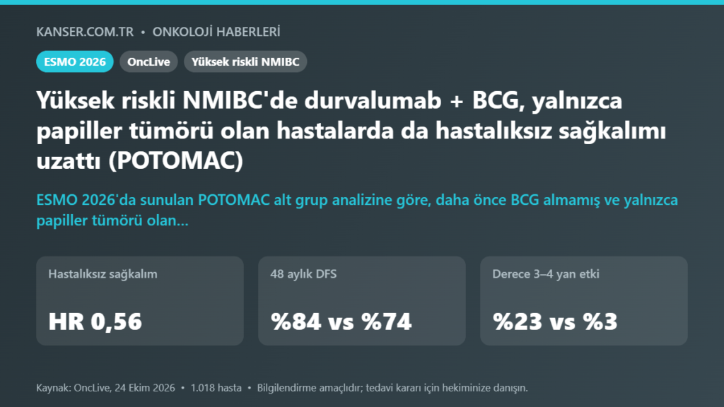 Yüksek riskli NMIBC’de durvalumab + BCG, yalnızca papiller tümörü olan hastalarda da hastalıksız sağkalımı uzattı (POTOMAC)