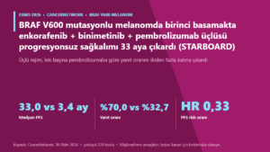 BRAF V600 mutasyonlu melanomda birinci basamakta enkorafenib + binimetinib + pembrolizumab üçlüsü progresyonsuz sağkalımı 33 aya çıkardı (STARBOARD)